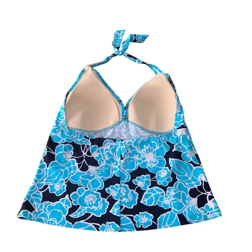 Lands End Womens Blue and Black Floral Halter Style Tankini Top 16 Beach Cruise